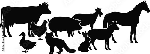 Silhouette collection of farm animals including cow, horse, goat, pig, chicken, duck, dog, rabbit, and sheep, vector illustration design