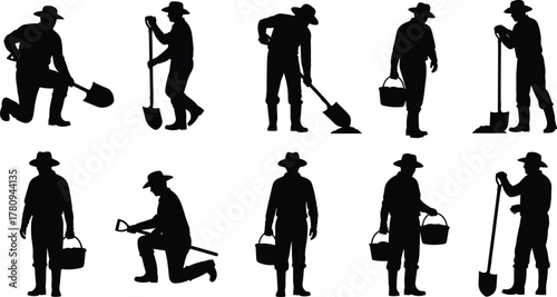 Silhouette illustration of farmers working in field with shovels and buckets, rural laborers performing agricultural digging and harvesting tasks vector art