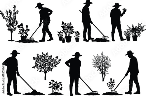 Silhouette illustration of farmers working in garden, people cultivating plants and trees with rake, agriculture and gardening concept, rural farming vector design