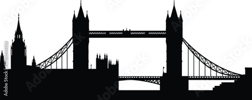 London skyline silhouette, Tower Bridge, Big Ben, Palace of Westminster, iconic architecture, British landmark, travel, tourism, historic, black illustration
