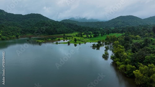 Kurli village and kurli dam backwaters in Monsoon, Maharashtra, India 