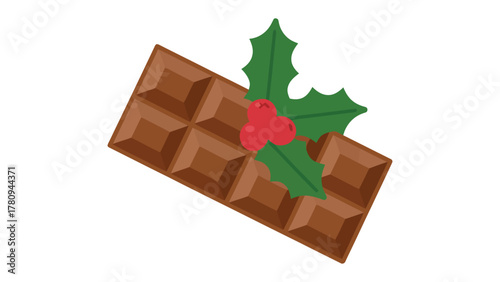 Chocolate bar with festive holly: A tempting chocolate bar adorned with vibrant holly berries and leaves, ready to enjoy or share. A treat for any celebration.