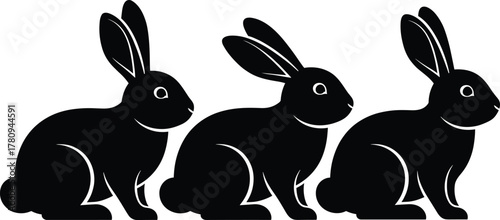 Three black silhouette rabbits sitting side by side, minimalist bunny vector design, Easter animal illustration, wildlife art, cute nature concept, decoration