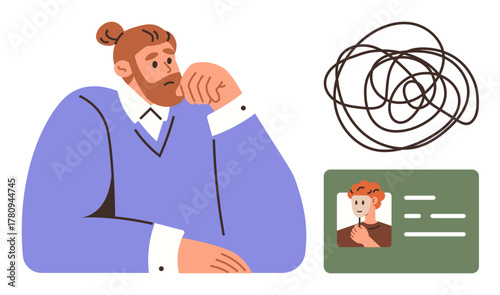 Young man in reflective pose beside a scribble representing unresolved thoughts or confusion, with an ID card symbolizing personal identity. Ideal for mental health, self-reflection, identity
