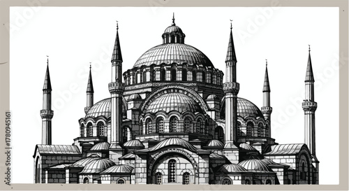 Monochrome illustration of dome-shaped observatory under starry night sky, fine architectural drawing.