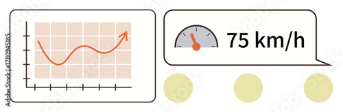 Line graph with upward curve and pointed markers shows data trend speedometer reads 75 kmh. Ideal for business, analytics, auto tech, progress, productivity, measurement, success simple flat metaphor
