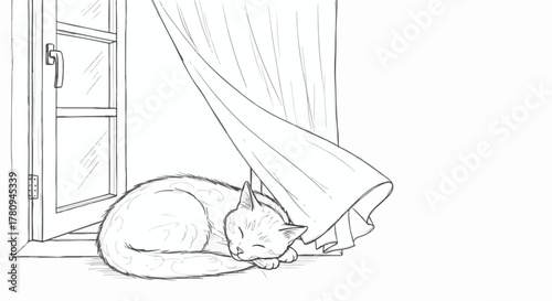 Cat sleeping by window with curtain breeze, calm domestic interior pencil sketch.