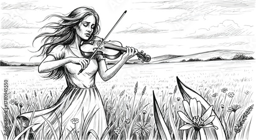 Woman playing violin in field, emotional musical moment pencil illustration.