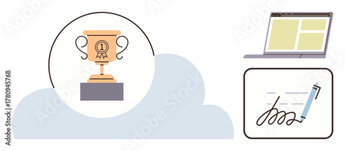 Trophy inside a cloud, laptop with open windows, and pen creating a digital signature. Ideal for success, achievement, online tools, e-signature, recognition, cloud storage simple flat metaphor