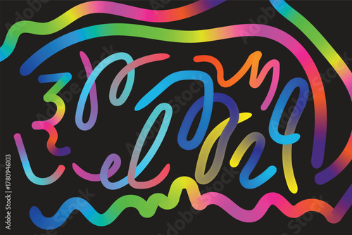 This is a vibrant abstract image featuring colorful, wavy lines against a black background. The lines are thick and appear to be rendered with a gradient, transitioning through a spectrum of bright, 