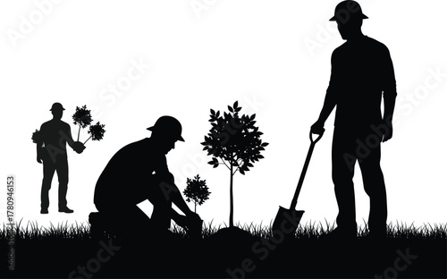 Silhouette of workers planting trees, teamwork for green environment, ecology restoration, people gardening, nature conservation, reforestation and sustainable community eco-friendly illustration