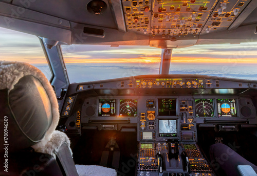 Foto Illuminated airplane cockpit at sunrise during commercial flight