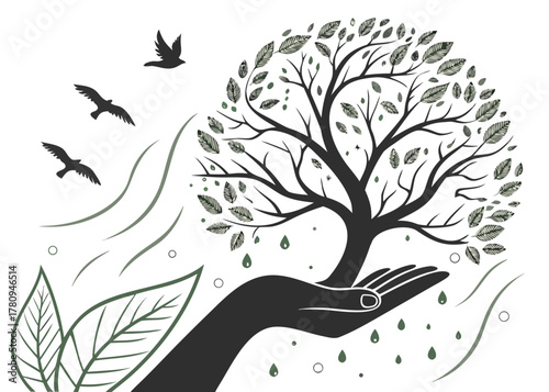 Organic Nature Conservation Vector | Eco Harmony Illustration with Hand and Tree Design