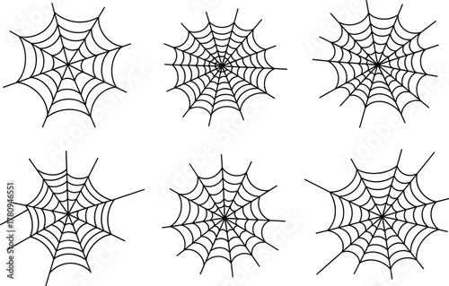 Spider web collection vector illustration, black cobweb pattern design set, spooky Halloween decoration element, horror web background template for graphic and print