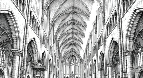 Grand gothic cathedral arches interior, detailed architectural pencil study.