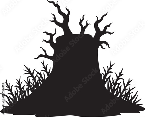 Black silhouette of a gnarled dead tree stump with branches