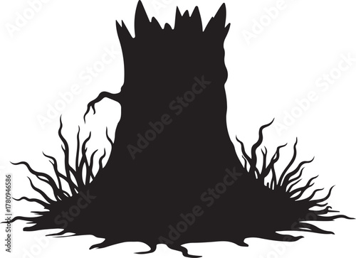 Black silhouette of a gnarled tree stump with wispy grass