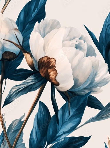 Peonies are depicted in a seamless watercolor pattern that has been set on a white background