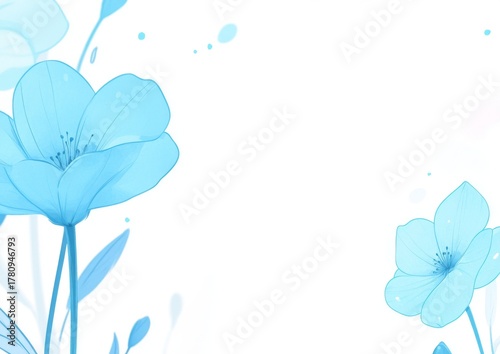 A soft watercolor card featuring blue spring flowers set against a white background