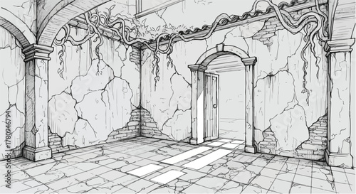 Ancient courtyard with stone walls and open doorway, detailed architectural sketch.