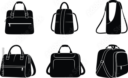 Stylish bag and backpack vector illustration set, travel luggage icons, handbag, shoulder bag, duffel bag, rucksack, and modern accessories for fashion design.v