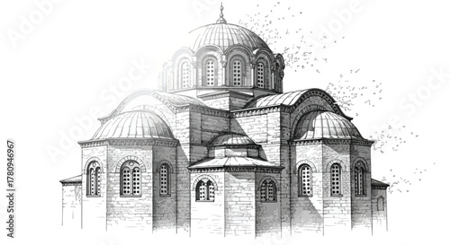 Byzantine domed church architecture pencil drawing, historical perspective study.