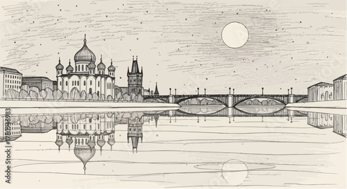 Riverside city with domed buildings and bridge, sunset reflection pencil drawing.
