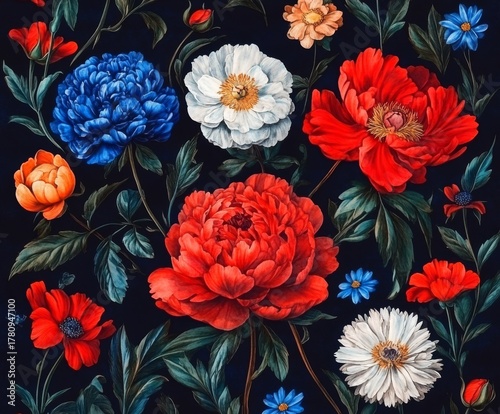 Handmade indigo watercolor flowers come together in a seamless summer pattern