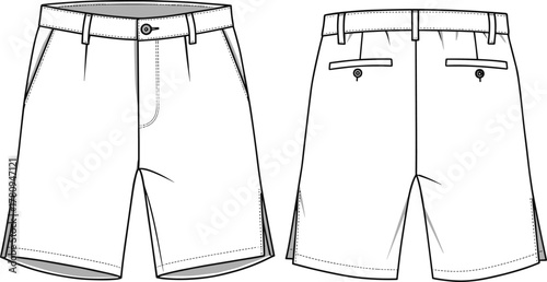 Men’s shorts technical sketch, front and back view, fashion flat drawing, apparel design, garment construction, vector illustration, clothing template