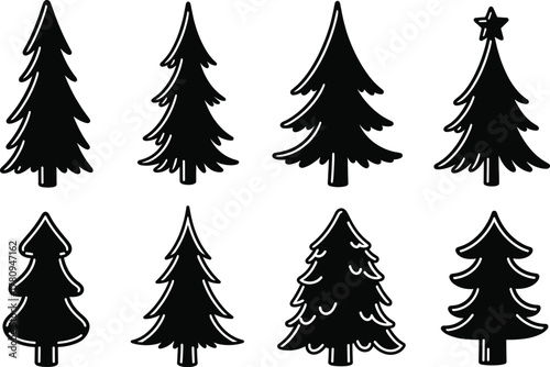 Stylized pine tree silhouettes, black vector clipart set, evergreen tree icons, nature graphic elements, fir tree shapes, holiday forest illustration