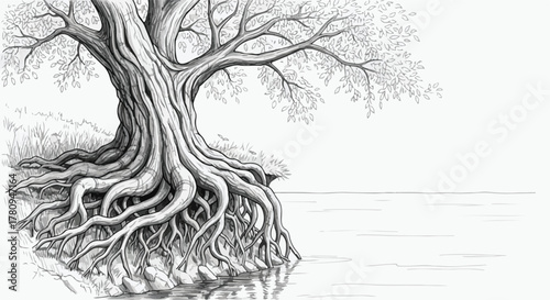 Old tree with exposed roots near water edge, natural environment pencil drawing.