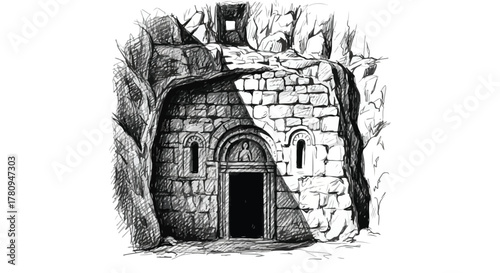 Ancient stone cave entrance carved into cliff, archaeological pencil drawing.