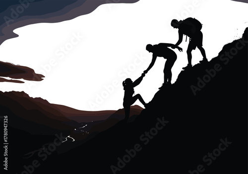 WebTeamwork mountain climbing silhouette illustration, helping hand on steep hill, outdoor adventure hiking teamwork, success achievement, support cooperation, motivation concept vector