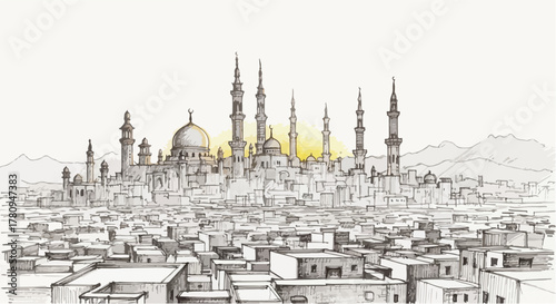 Panoramic view of grand mosque and skyline in detailed architectural sketch.