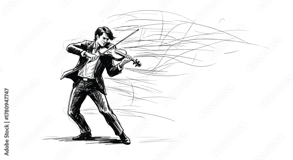 Fototapeta premium Conceptual illustration of violinist with flowing abstract lines in motion.