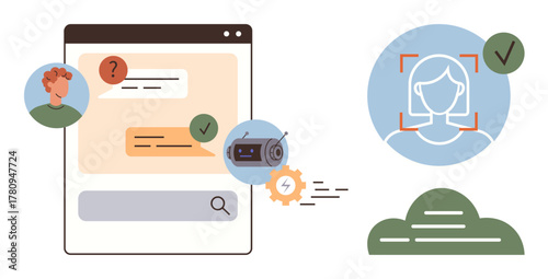 User engaging with AI chatbot, interaction icons, facial recognition with green check, cloud storage. Ideal for technology, AI communication, security, authentication, biometrics cloud computing
