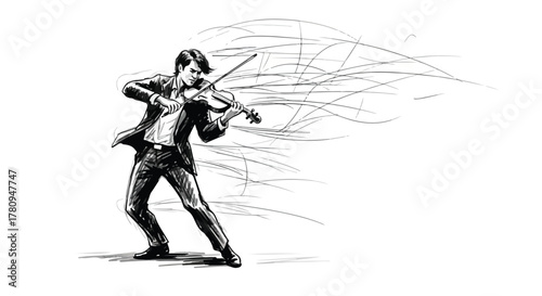 Conceptual illustration of violinist with flowing abstract lines in motion.