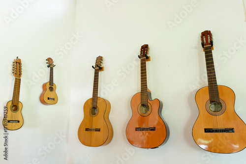 Wooden Instruments - Guitars, Ukelele, Charango - on a white wall