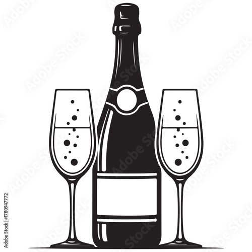 Graphic illustration of a sparkling wine bottle and two flutes with effervescent bubbles