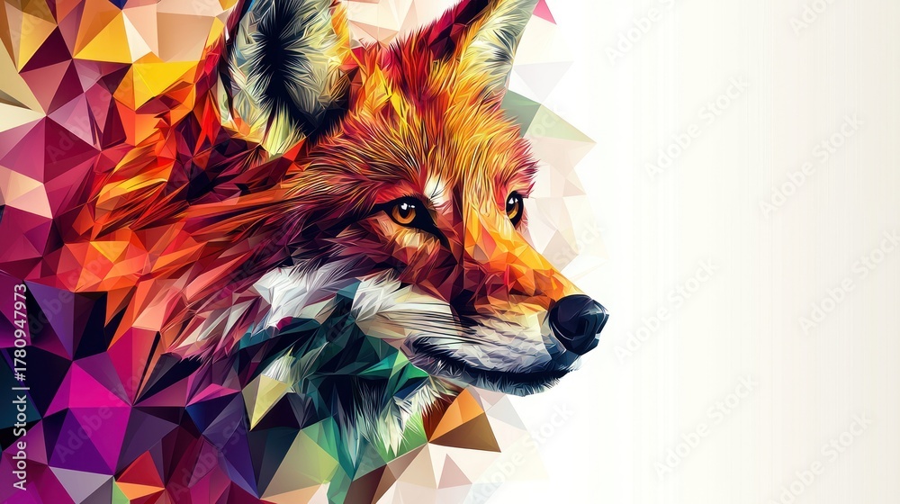 Naklejka premium A colorful, geometrically abstract fox illustration with a white background.