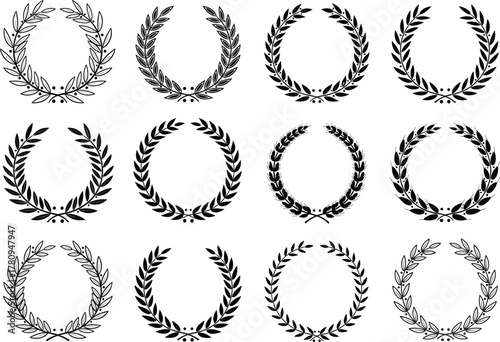 Classic laurel wreath vector illustration set, elegant award symbol design, victory and achievement emblems, black leaf wreath icons for decoration, logo, and honor concept