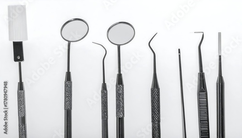 Wallpaper Mural Assortment of dental tools on a white surface, presented in grayscale Torontodigital.ca