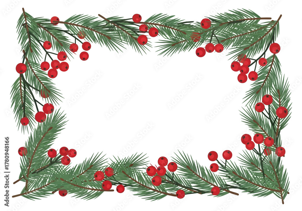 Fototapeta premium Festive Frame of Pine Branches and Red Berries for Holiday Decor