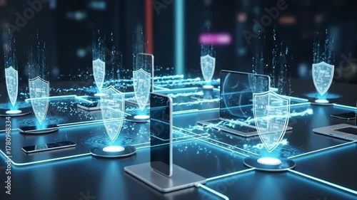 Futuristic Digital Security Network with Shields and Devices.