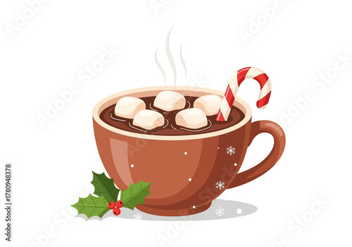 Festive Hot Chocolate with Marshmallows and Candy Cane, Holiday Season Treat