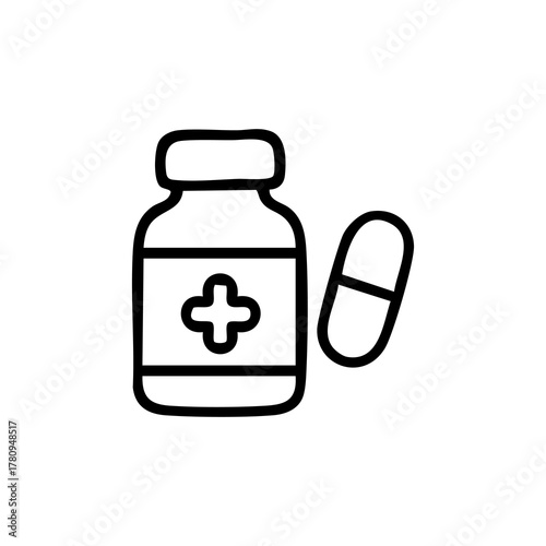 Outlined medicine bottle with plus symbol and single pill