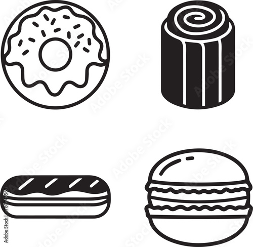 Vector illustration featuring a delightful assortment of sweet baked goods and desserts in a minimalist icon style