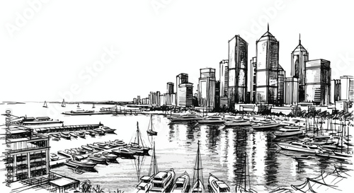 Futuristic coastal city skyline with piers and layered reflections.