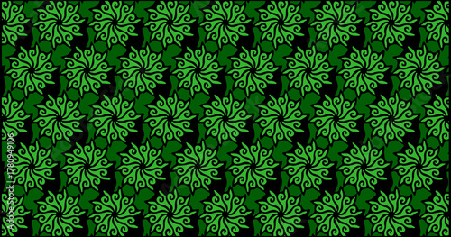 Dark green ornamental pattern with stylized leaf motifs arranged in a symmetrical flowing decorative layout.