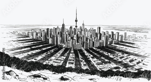City skyline expanding from central tower with organized street grid.